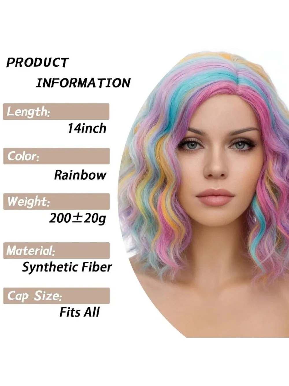 Women's 14 Inch Rainbow Wavy Bob Wig Short Curly Synthetic Heat Resistant